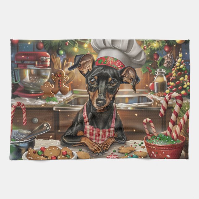 German Pinscher Holiday Baking: Festive Christmas Tea Towel (Horizontal)