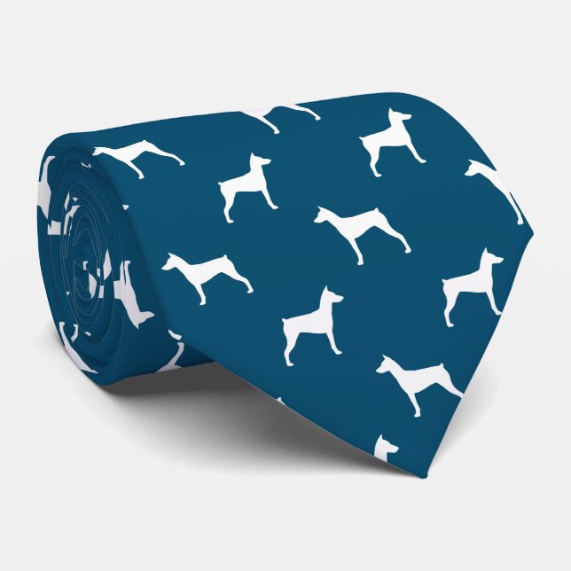 German Pinscher Silhouettes Pattern Blue and White Tie (Rolled)