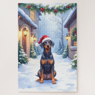 German Pinscher Snowy Courtyard Santa Hat Jigsaw Puzzle