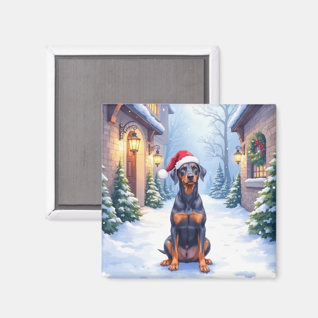 German Pinscher Snowy Courtyard Santa Hat Magnet (Front/Back)