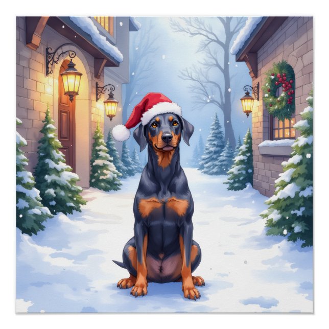 German Pinscher Snowy Courtyard Santa Hat Poster (Front)