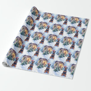 German Pinscher Snowy Courtyard Santa Hat Wrapping Paper