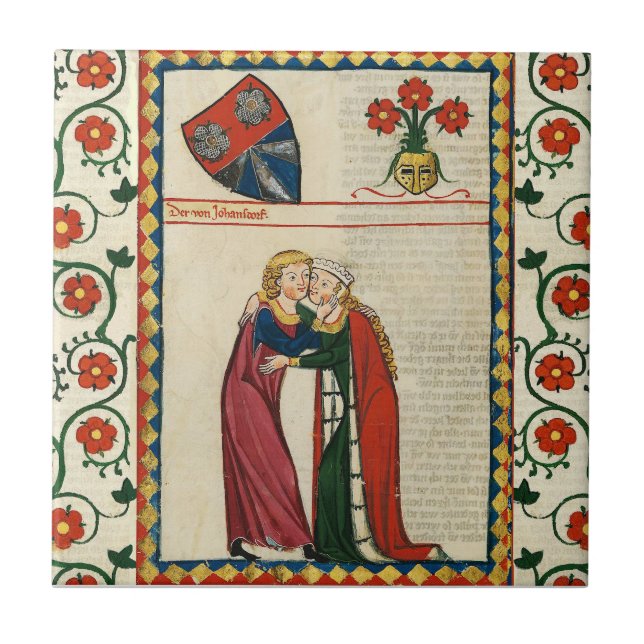 GERMAN POET,HIS BEAUTIFUL LADY,MEDIEVAL MINIATURE TILE (Front)