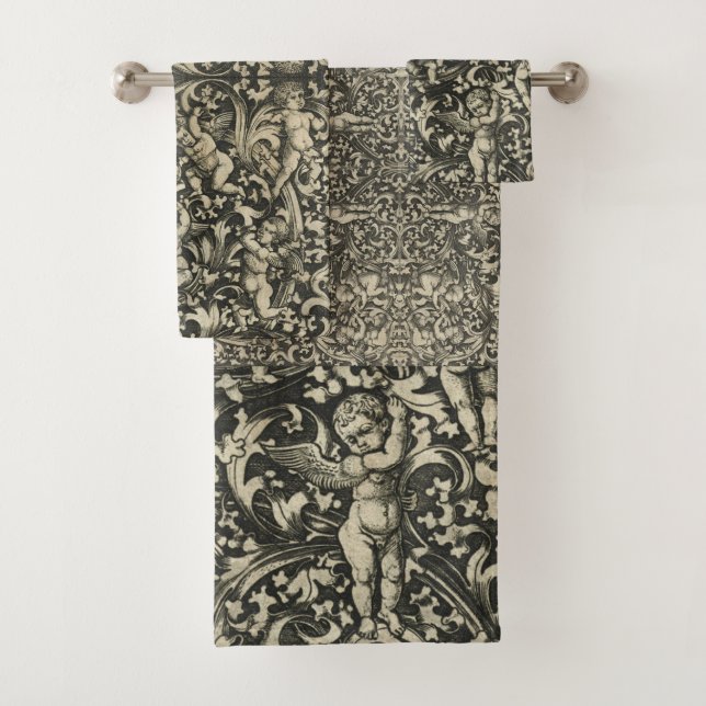 German Renaissance Cherub Angels Gold Brown Bath Towel Set (Insitu)