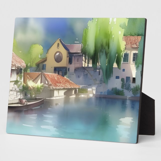 German River Village Watercolor Plaque (Side)