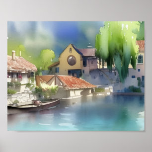 German River Village Watercolor Poster