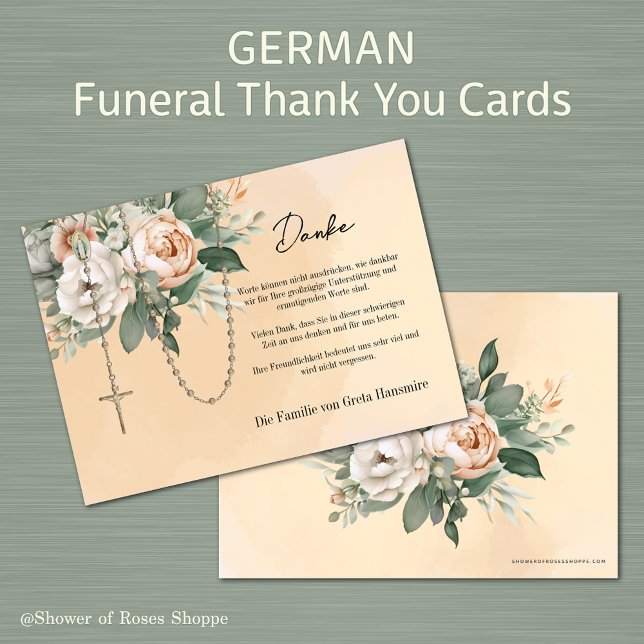 German Rosary Floral Funeral Condolence Sympathy Thank You Card (German Catholic Funeral Thank you Cards with the Holy Rosary - Easy to personalize)