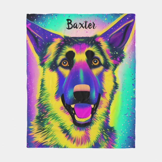 German Shepard Confetti Pop Art w/ Optional Name Fleece Blanket (Front)