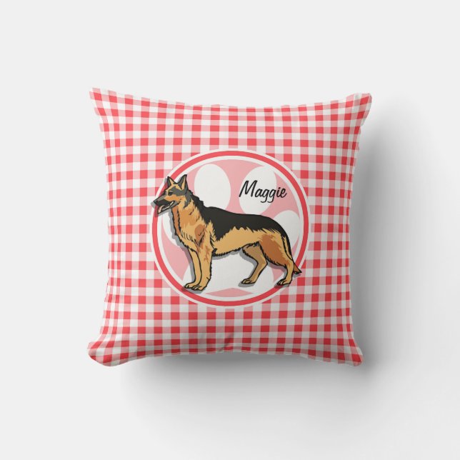 German Shepard; Red and White Gingham Cushion (Front)