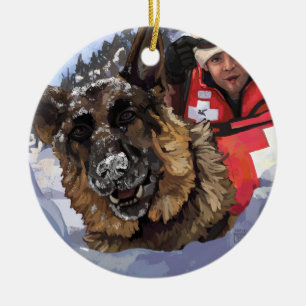 German Shepard Search and Rescue in the Snow Ceramic Tree Decoration