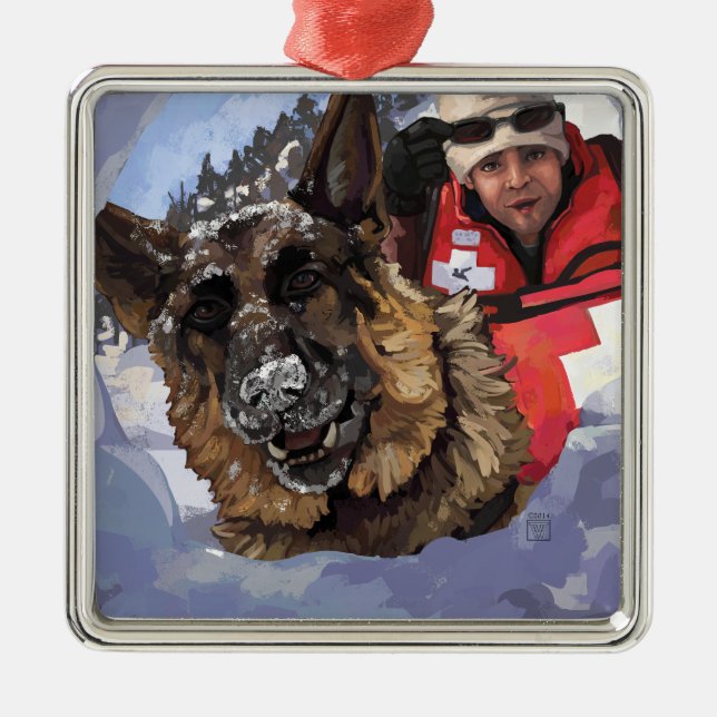 German Shepard Search and Rescue in the Snow Metal Tree Decoration (Front)