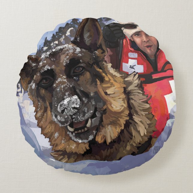 German Shepard Search and Rescue in the Snow Round Cushion (Front)