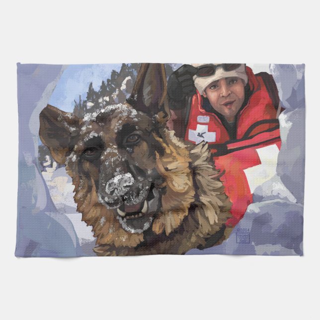 German Shepard Search and Rescue in the Snow Tea Towel (Horizontal)