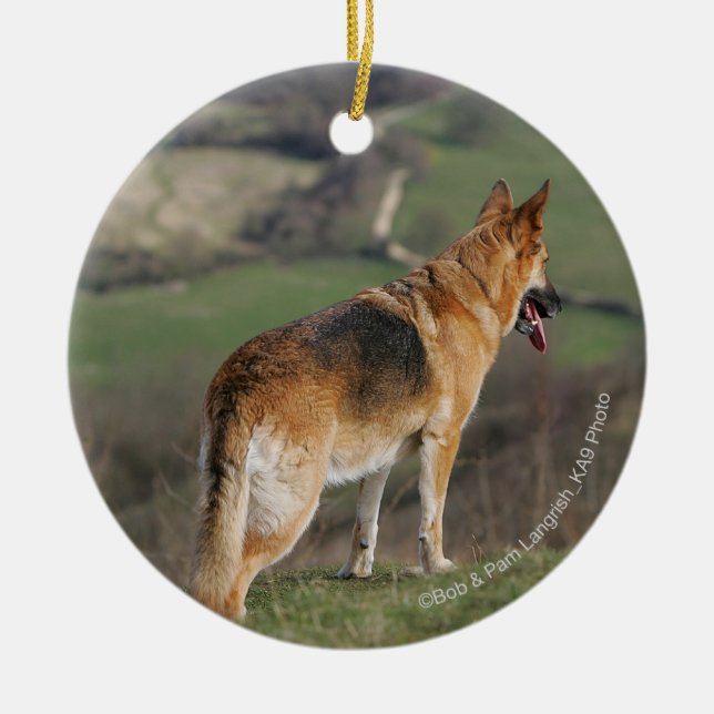 German Shephard Looking Down Hill Ceramic Tree Decoration (Front)