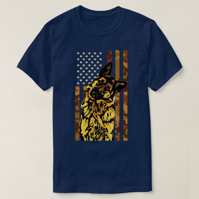 German Shepherd American Camouflage Flag Dog 4th o T-Shirt (Design Front)