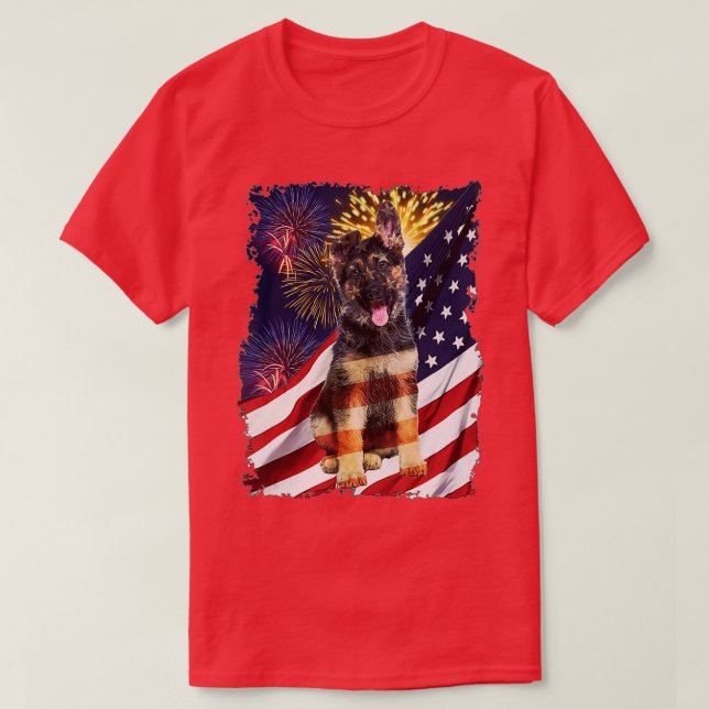 German Shepherd American Flag Fireworks Flag Day - T-Shirt (Design Front)