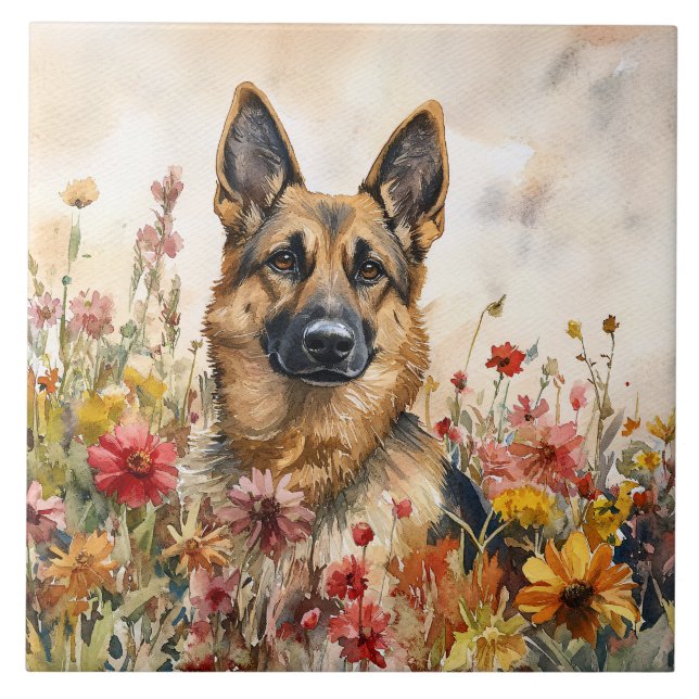 German Shepherd Among Vibrant Wildflowers Tile (Front)
