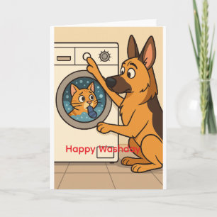 German Shepherd and Cat Laundry Humor Card
