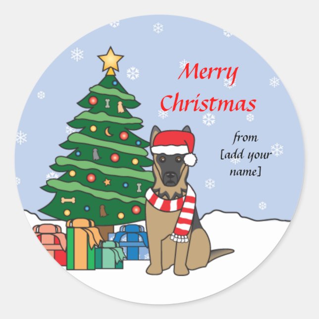 German Shepherd and Christmas Tree Classic Round Sticker (Front)