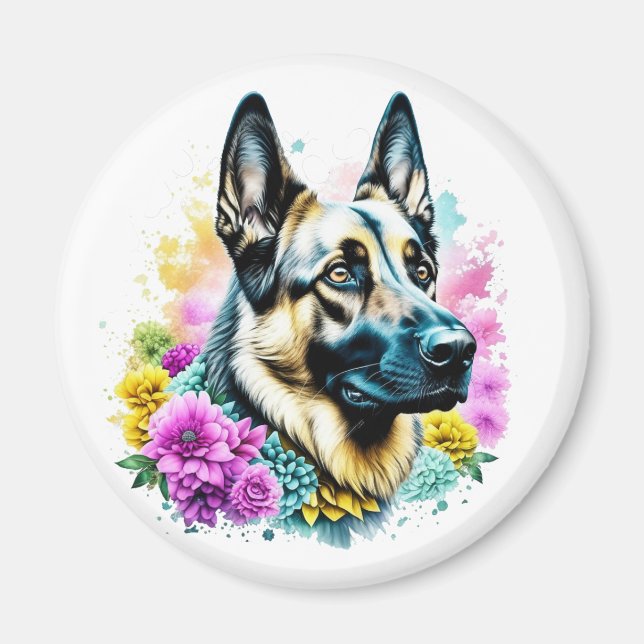 German Shepherd and Flowers ai art   Magnet (Front)