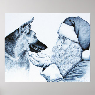 German Shepherd and Santa Claus for Christmas Poster