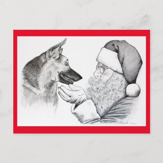 German Shepherd and Santa Claus Holiday Postcard (Front)