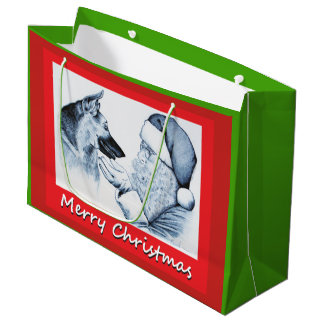 German Shepherd and Santa Claus Large Gift Bag