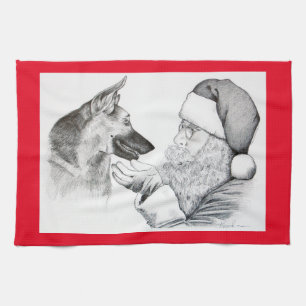 German Shepherd and Santa Claus Tea Towel