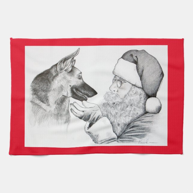 German Shepherd and Santa Claus Tea Towel (Horizontal)