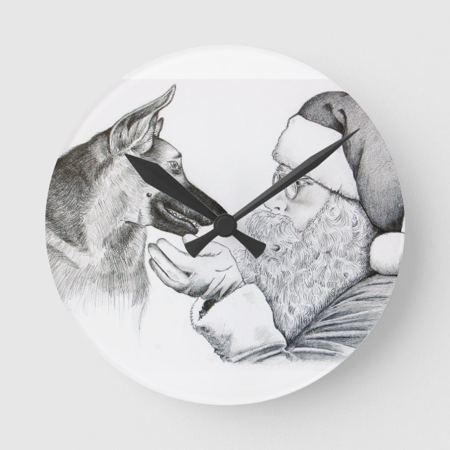 German Shepherd and Santa Round Clock (Front)
