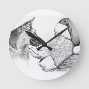 German Shepherd and Santa Round Clock