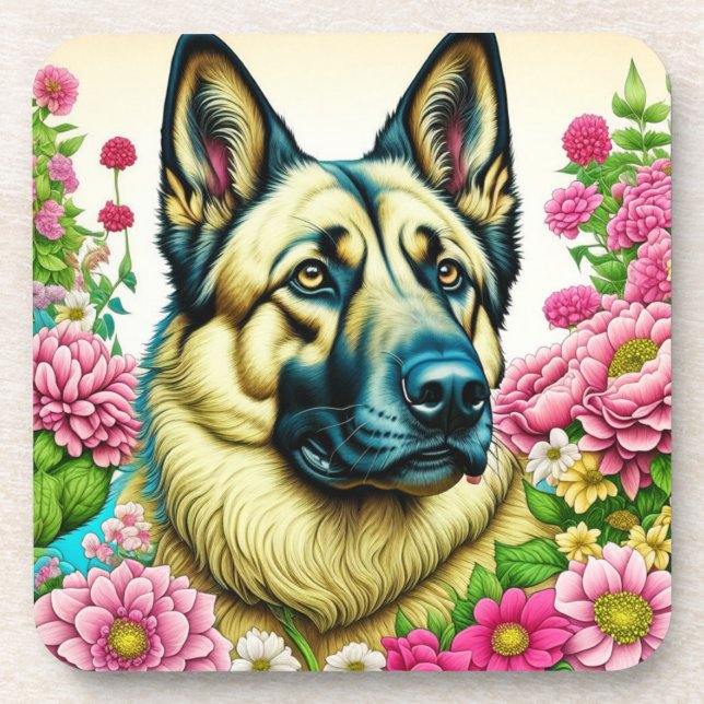 German Shepherd and Whimsical Flowers Coaster (Front)