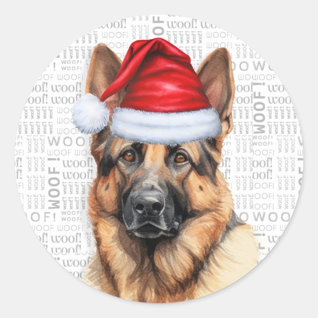 German Shepherd and Woof Word Art Christmas Classic Round Sticker (Front)