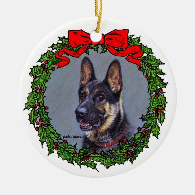 German Shepherd Art by Glenda S. Harlan Ceramic Tree Decoration (Front)