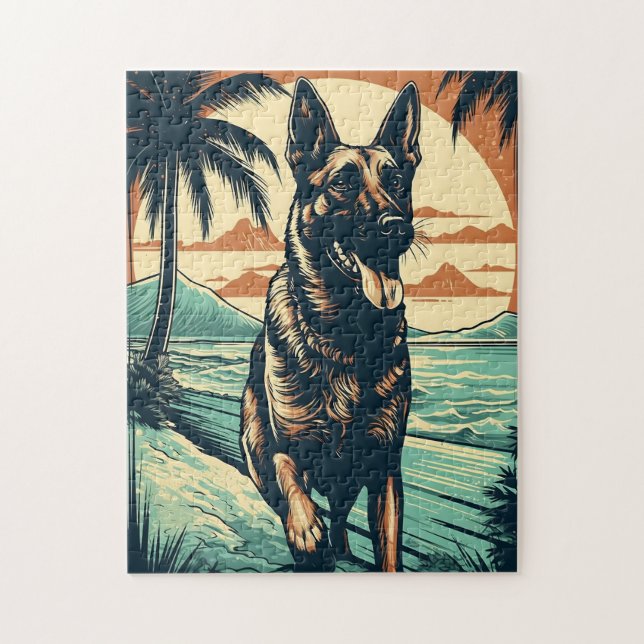 German Shepherd at a tropical beach during sunset Jigsaw Puzzle (Vertical)