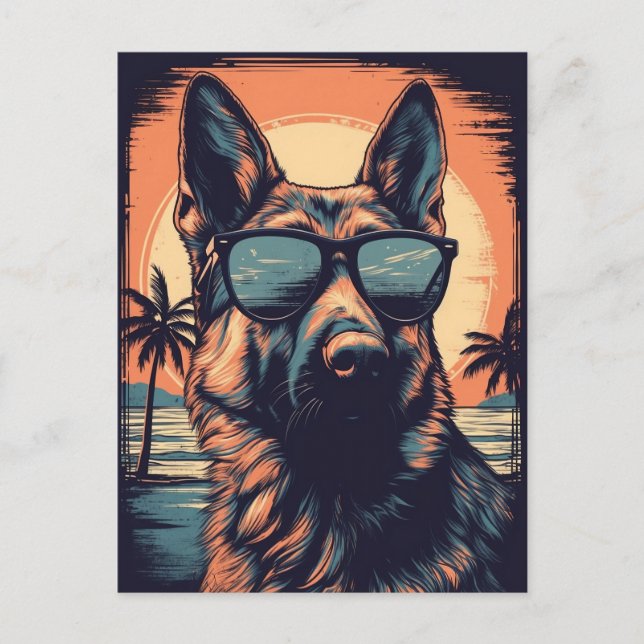 German Shepherd at a tropical beach during sunset Postcard (Front)