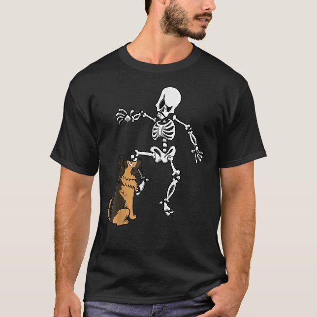 German Shepherd Biting Skeleton Leg Halloween T-Shirt (Front)
