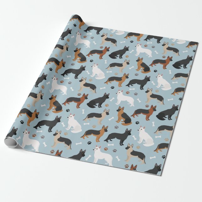German Shepherd Bones and Paws Wrapping Paper (Unrolled)