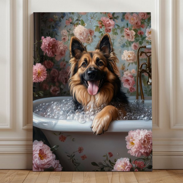 German Shepherd Bubble Bath Bliss Canvas Print (German Shepherd Bubble Bath Bliss – Whimsical Floral Bathroom Dog Art by Nicole Cossairt)