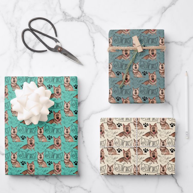 German Shepherd Cartoon Wrapping Paper Sheets (Front)