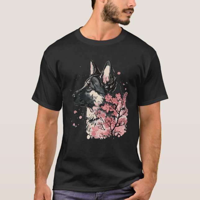 German Shepherd Cherry Blossom Dog Breed Japanese  T-Shirt (Front)