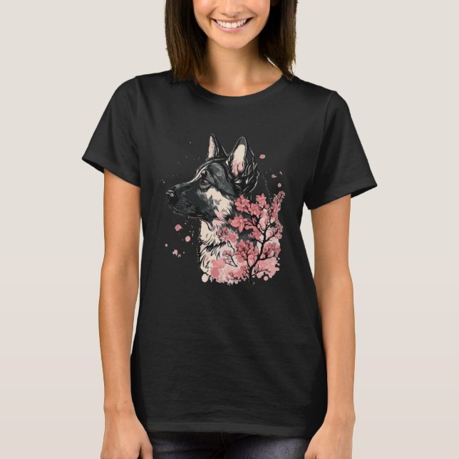German Shepherd Cherry Blossom Dog Breed Japanese  T-Shirt (Front)
