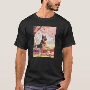 German Shepherd Cherry Blossom Funny Dog Picnic T-Shirt