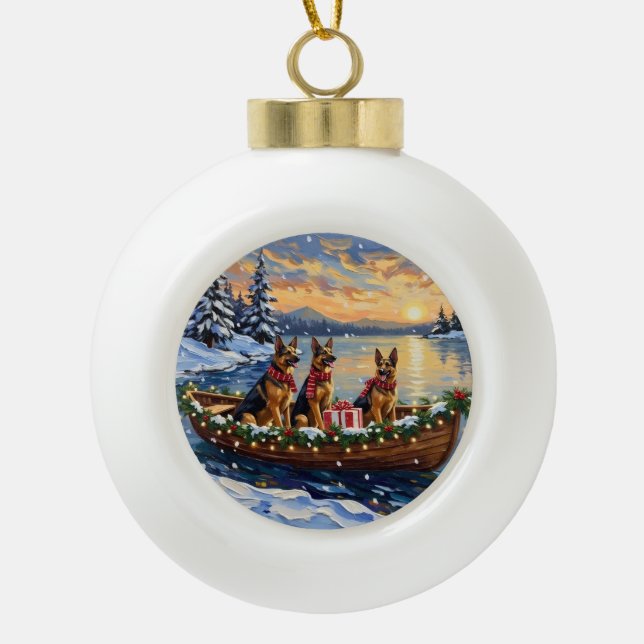 German Shepherd Christmas Boat Holiday Ceramic Ball Christmas Ornament (Front)