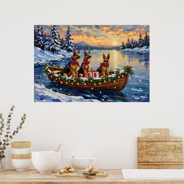 German Shepherd Christmas Boat Holiday Poster (Kitchen)