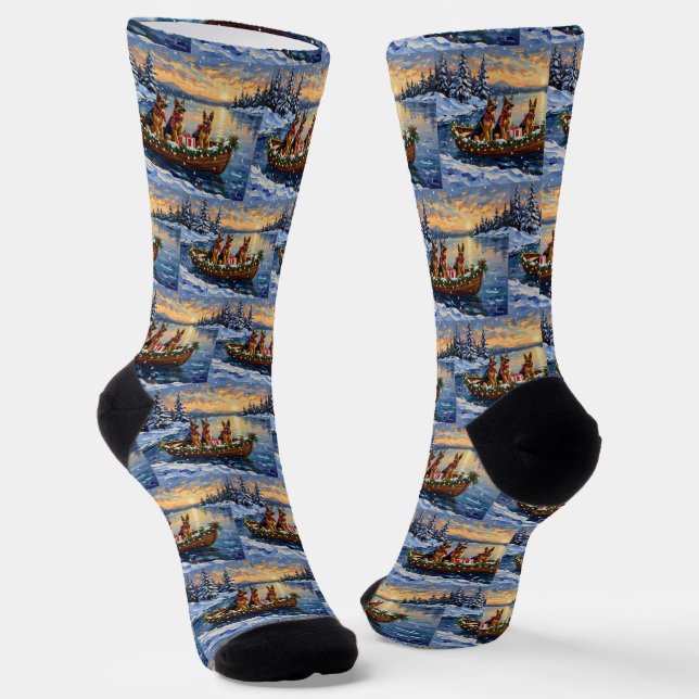 German Shepherd Christmas Boat Holiday Socks (Angled)