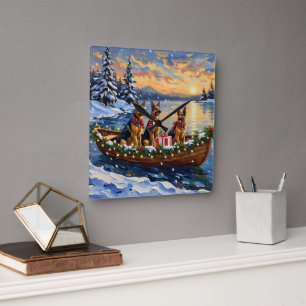 German Shepherd Christmas Boat Holiday Square Wall Clock