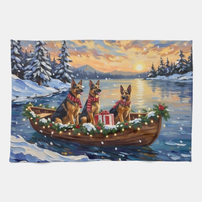 German Shepherd Christmas Boat Holiday Tea Towel (Horizontal)