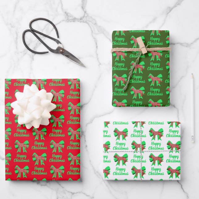 German Shepherd Christmas Dog & Green Bow 3 Colour Wrapping Paper Sheet (Front)
