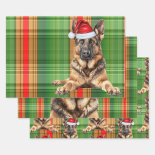 German Shepherd Christmas Dog Red Holiday Plaid Wrapping Paper Sheet